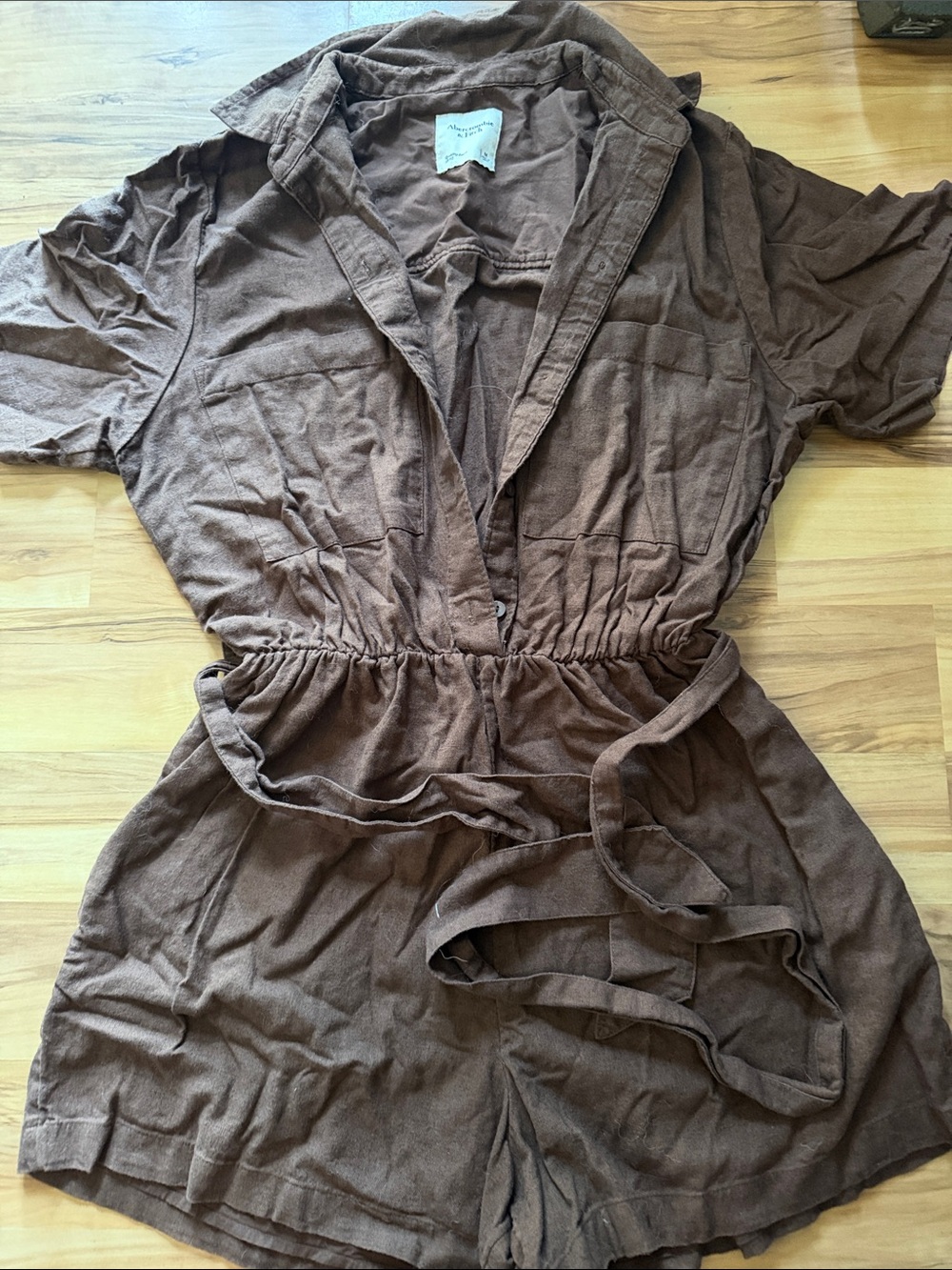Abercrombie linen cotton blend Brown Short Sleeve Romper with Waist Tie